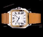 Swiss Copy Santos De Cartier Watch Brown Leather Strap White Roman Dial 